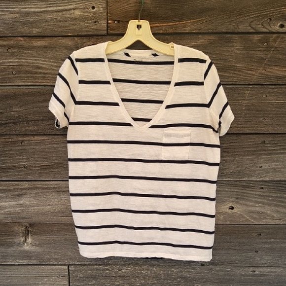 Madewell White T-Shirt With Dark Blue Stripes Size Small - Picture 1 of 5